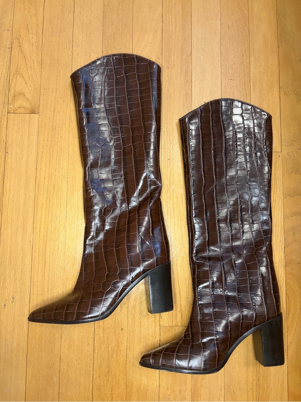 Schutz Maryana Block Heel Croc Boots in Dark Chocolate - Size 7